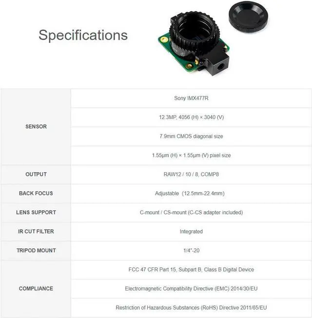 Alt view image 6 of 7 - HQ Camera Module with Case for  4B/3B+/3B/2B/A+/Zero/W/Zero WH,12.3MP IMX477 Sensor Support C- and CS-Mount Lenses, Alternative for  Camera Module V2 (8 Items)