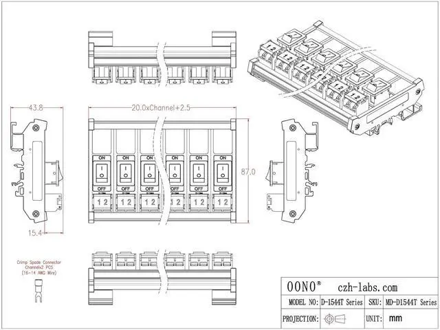 Alt view image 5 of 7 - DIN Rail Mount Rocker Switch Module, 10Amp 250VAC/50VDC (16 Channel)