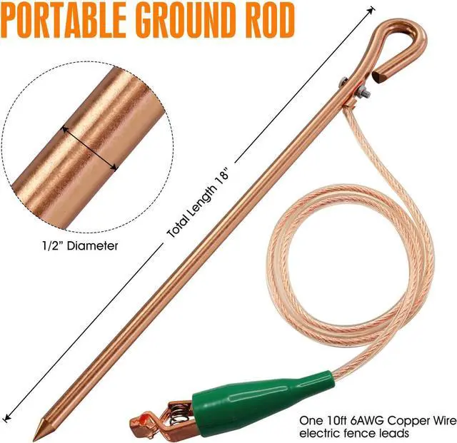 Alt view image 2 of 6 - Portable Grounding Rod with 10' Long Flexible Bonding Wire with Copper Clip