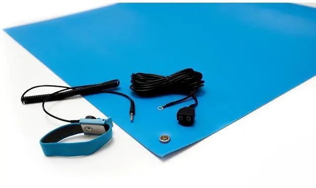 Alt view image 2 of 3 - ESD Anti-Static Table Mat Kit, 3 Ft x 5 Ft, Blue, Includes Wrist Strap and Grounding Cord, Made in USA