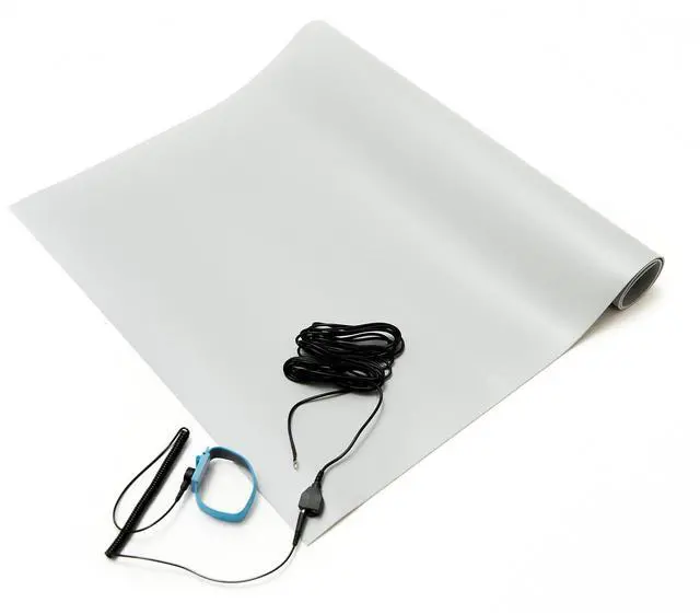 Main image of ESD Anti-Static Table Mat Kit, 3 Ft x 5 Ft, Gray, Includes Wrist Strap and Grounding Cord, MADE IN USA