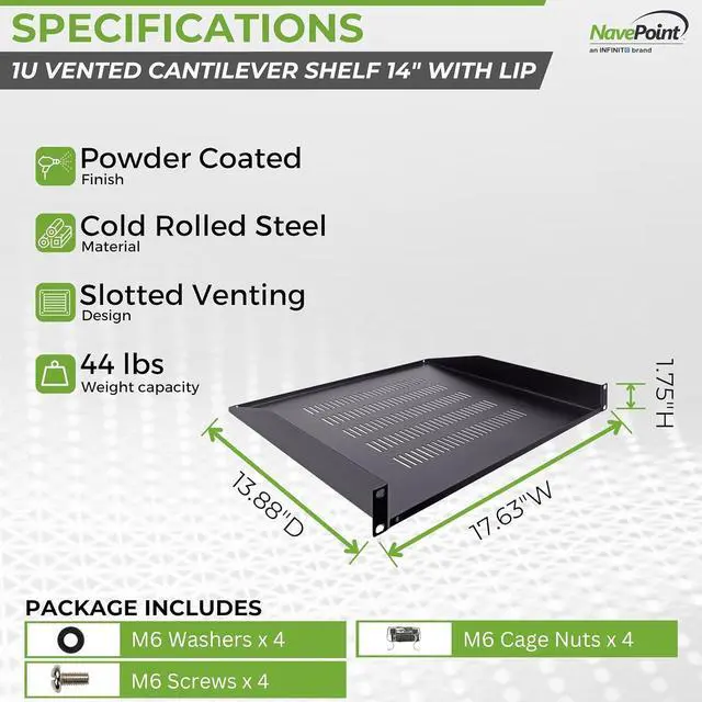 Main image of Cantilever Server Shelf Vented Shelves Rack Mount 19 Inch 1U Black 14 Inches (350mm) deep