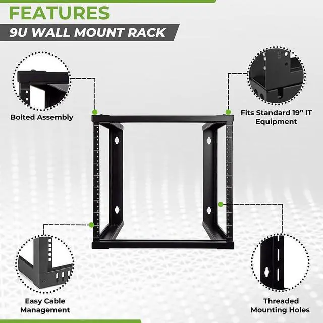 Alt view image 2 of 4 - 9U Open Frame Wall Mount Server Rack for 19" Networking IT Equipment & A/V, 12-24 Threaded, Compatible with 2-Post Mounting, Black