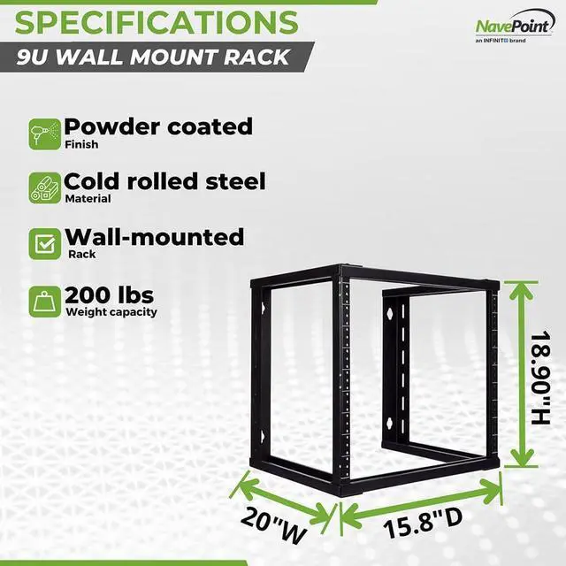Alt view image 4 of 4 - 9U Open Frame Wall Mount Server Rack for 19" Networking IT Equipment & A/V, 12-24 Threaded, Compatible with 2-Post Mounting, Black