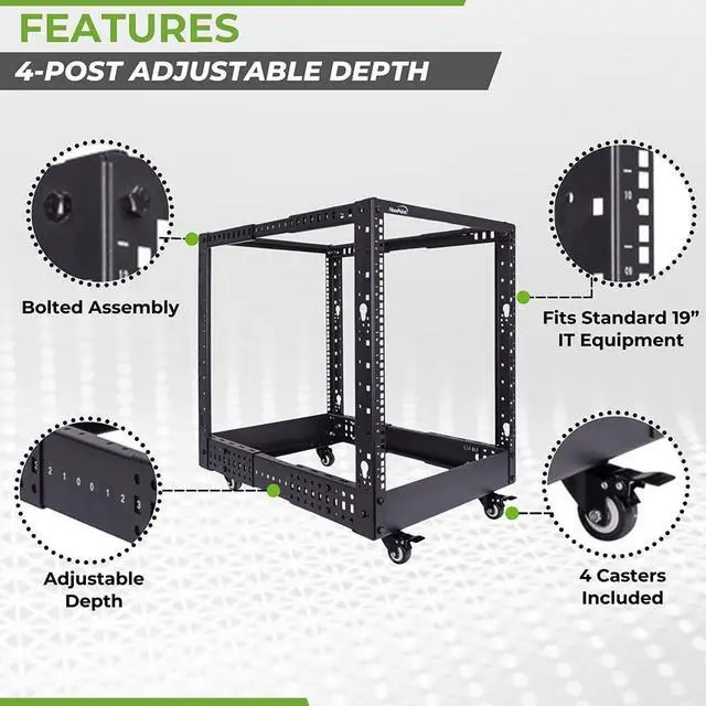 Alt view image 2 of 7 - 12U 4 Post Server Rack  Open Frame Rack for 19 Inch Equipment, Adjustable Depth 4-Post Network Rack with Casters Wheels, 12U Server Rack 1322lbs Capacity, Black