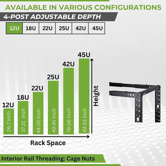 Alt view image 3 of 7 - 12U 4 Post Server Rack  Open Frame Rack for 19 Inch Equipment, Adjustable Depth 4-Post Network Rack with Casters Wheels, 12U Server Rack 1322lbs Capacity, Black