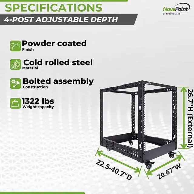 Alt view image 4 of 7 - 12U 4 Post Server Rack  Open Frame Rack for 19 Inch Equipment, Adjustable Depth 4-Post Network Rack with Casters Wheels, 12U Server Rack 1322lbs Capacity, Black
