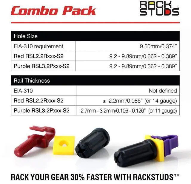 Alt view image 3 of 6 - 40C Series II - Server Rack Screws for 19" Rails, Perfect Cage Nut Replacement - 80 Studs; 40 of Each Size/Color