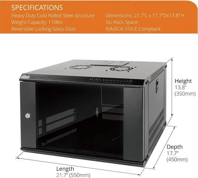 Alt view image 2 of 6 - Tecmojo 6U Wall Mount Server Cabinet IT Network Rack Enclosure Lockable Door and Side Panels Black, Cooling Fan, Standard Glass Door, 450mm Depth, for 19 IT Equipment, A/V Devices