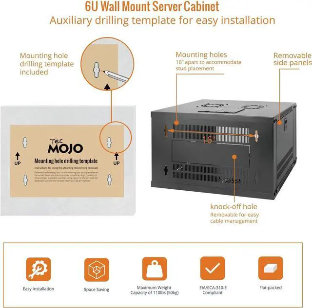 Alt view image 5 of 6 - Tecmojo 6U Wall Mount Server Cabinet IT Network Rack Enclosure Lockable Door and Side Panels Black, Cooling Fan, Standard Glass Door, 450mm Depth, for 19 IT Equipment, A/V Devices