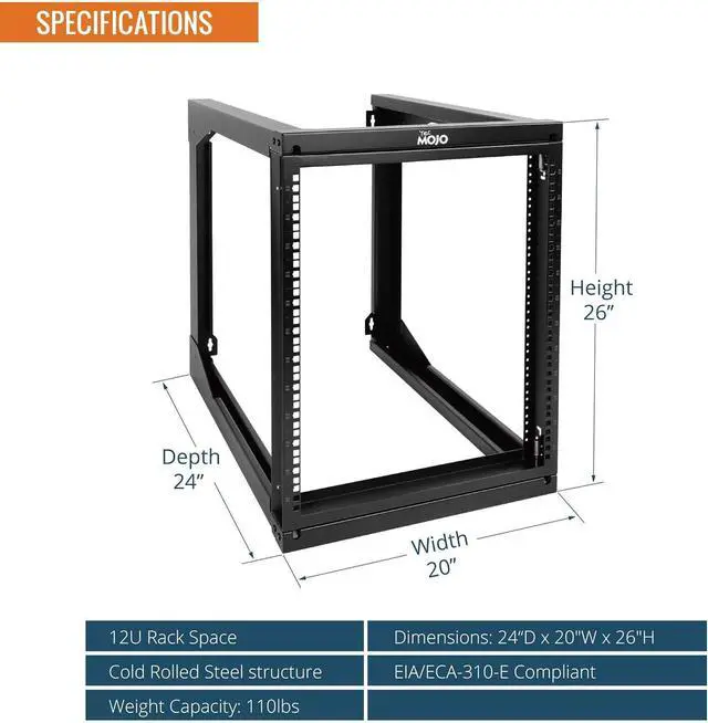 Alt view image 2 of 6 - 12U Wall Mount Server Rack, Open Frame Network Rack for 19" Computer/AV/Data/IT/Media Equipment, 24" Depth, 16" Apart Mounting Holes, Swing Gate, Square and Tapped Holes