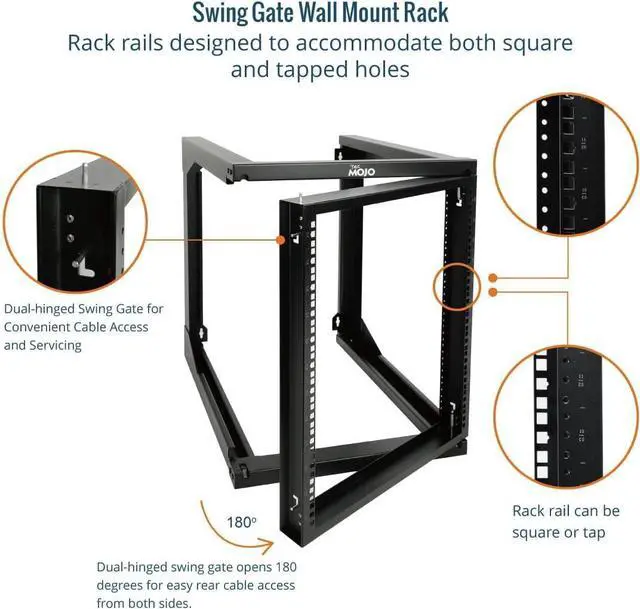 Alt view image 3 of 6 - 12U Wall Mount Server Rack, Open Frame Network Rack for 19" Computer/AV/Data/IT/Media Equipment, 24" Depth, 16" Apart Mounting Holes, Swing Gate, Square and Tapped Holes