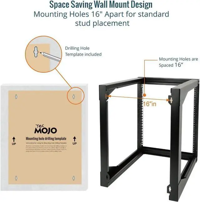 Alt view image 4 of 6 - 12U Wall Mount Server Rack, Open Frame Network Rack for 19" Computer/AV/Data/IT/Media Equipment, 24" Depth, 16" Apart Mounting Holes, Swing Gate, Square and Tapped Holes