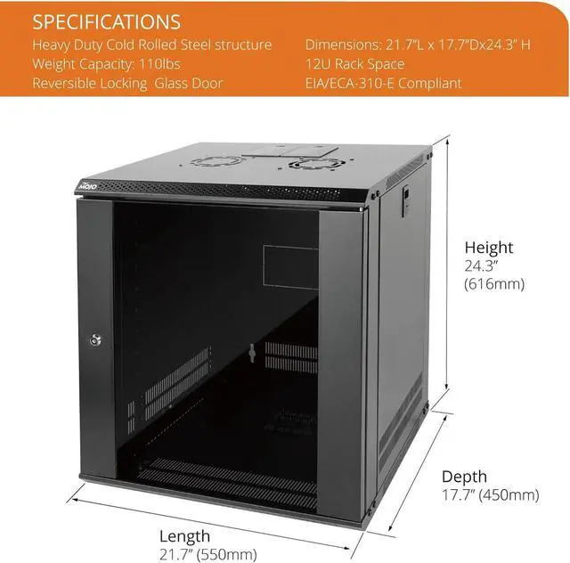 Alt view image 2 of 6 - 12U Wall Mount Server Cabinet IT Network Rack Enclosure Lockable Door and Side Panels Black,Cooling Fan,Glass Door,17.7inch Depth,for 19 IT Equipment,A/V Devices