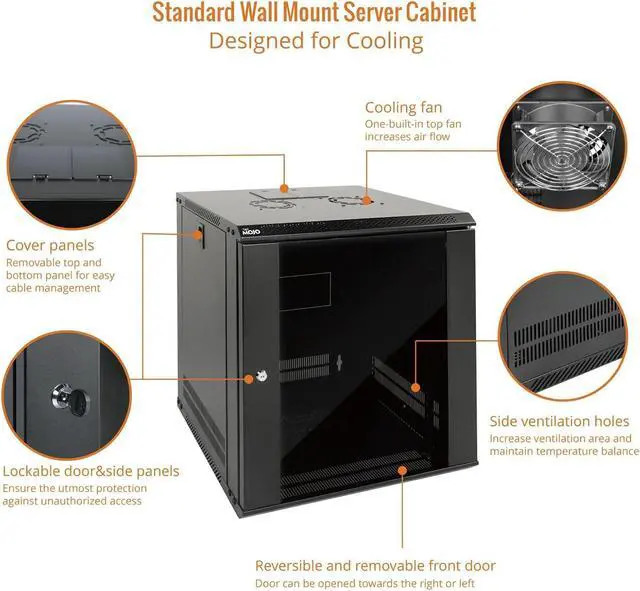 Alt view image 3 of 6 - 12U Wall Mount Server Cabinet IT Network Rack Enclosure Lockable Door and Side Panels Black,Cooling Fan,Glass Door,17.7inch Depth,for 19 IT Equipment,A/V Devices