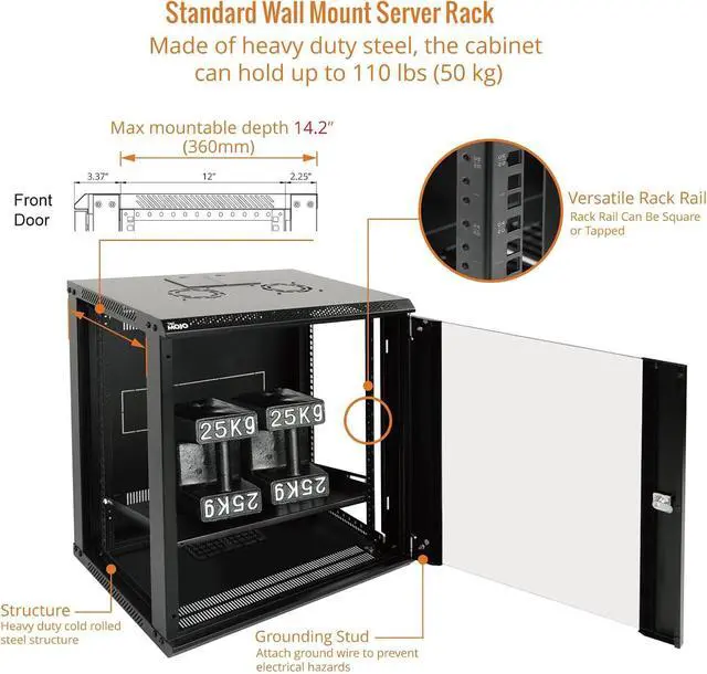 Alt view image 4 of 6 - 12U Wall Mount Server Cabinet IT Network Rack Enclosure Lockable Door and Side Panels Black,Cooling Fan,Glass Door,17.7inch Depth,for 19 IT Equipment,A/V Devices