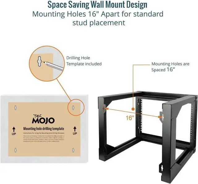 Alt view image 4 of 6 - 6U Wall Mount Server Rack, Open Frame Network Rack for 19" Computer/AV/Data/IT/Media Equipment, 18" Depth, 16" Apart Mounting Holes, Swing Gate, Square and Tapped Holes