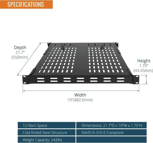 Alt view image 2 of 7 - 1U 4-Post Vented Server Rack Mount Shelf,21.7in Deep with Adjustable Depth 13.5-31.8 Inch,Supports to 242 lbs,Universal Tray for 19 Inch AV/Network Equipment Rack,Black