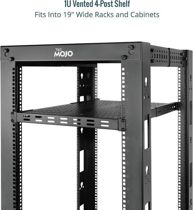 Alt view image 4 of 7 - 1U 4-Post Vented Server Rack Mount Shelf,21.7in Deep with Adjustable Depth 13.5-31.8 Inch,Supports to 242 lbs,Universal Tray for 19 Inch AV/Network Equipment Rack,Black
