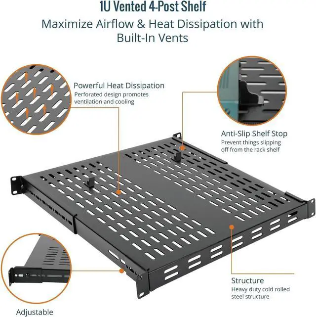 Alt view image 6 of 7 - 1U 4-Post Vented Server Rack Mount Shelf,21.7in Deep with Adjustable Depth 13.5-31.8 Inch,Supports to 242 lbs,Universal Tray for 19 Inch AV/Network Equipment Rack,Black