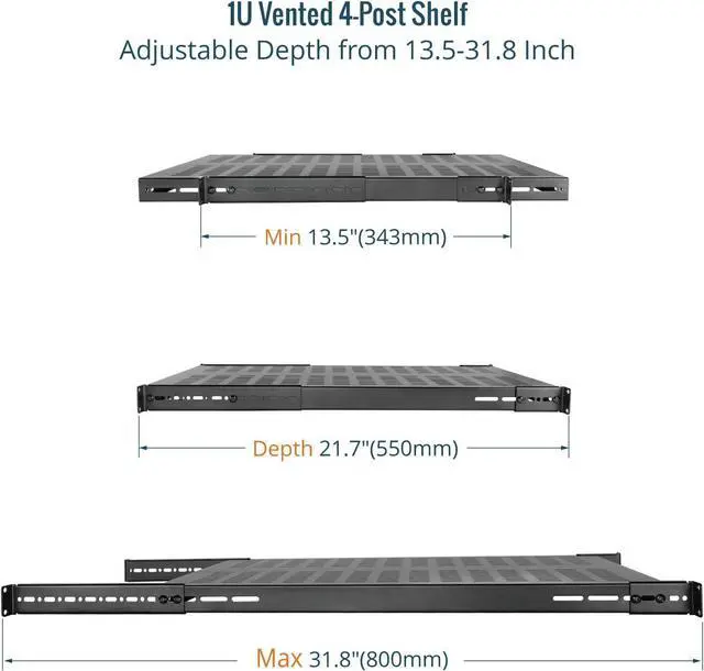 Alt view image 3 of 7 - 1U 4-Post Vented Server Rack Mount Shelf,21.7in Deep with Adjustable Depth 13.5-31.8 Inch,Supports to 242 lbs,Universal Tray for 19 Inch AV/Network Equipment Rack,Black