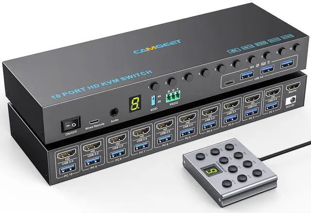 Main image of 10 Port 8 Port HDMI KVM Switch 4K@60Hz EDID Simulation, USB3.0 KVM Switch HDMI for 10 Computers Share 1 Monitor and 4 USB Devices, KVM Switches with Audio RS232 Wied Remote 12V Power and USB Cable