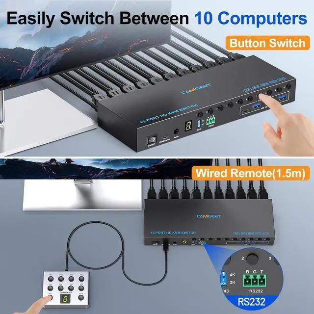 Alt view image 6 of 7 - 10 Port 8 Port HDMI KVM Switch 4K@60Hz EDID Simulation, USB3.0 KVM Switch HDMI for 10 Computers Share 1 Monitor and 4 USB Devices, KVM Switches with Audio RS232 Wied Remote 12V Power and USB Cable