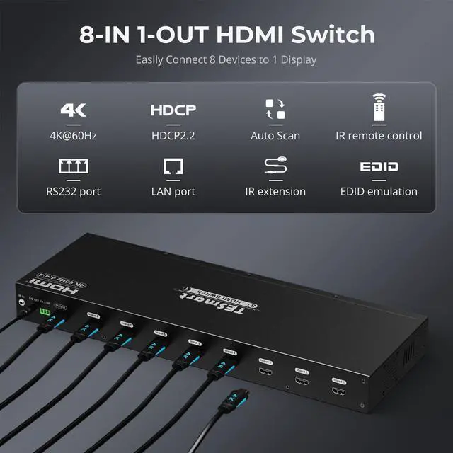 Alt view image 2 of 7 - 8×1 HDMI Switch 8 in 1 Out 4K @ 60Hz HDCP with 19-inch Rack-Ears | RS-232 / LAN Control | IR Remote Control and Auto Switch | Auto Scan Time Interval - Black