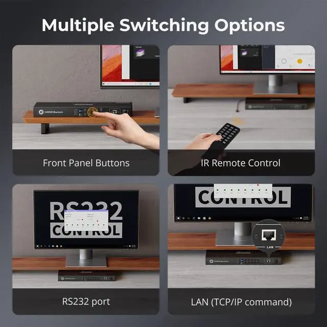 Alt view image 4 of 7 - 8×1 HDMI Switch 8 in 1 Out 4K @ 60Hz HDCP with 19-inch Rack-Ears | RS-232 / LAN Control | IR Remote Control and Auto Switch | Auto Scan Time Interval - Black