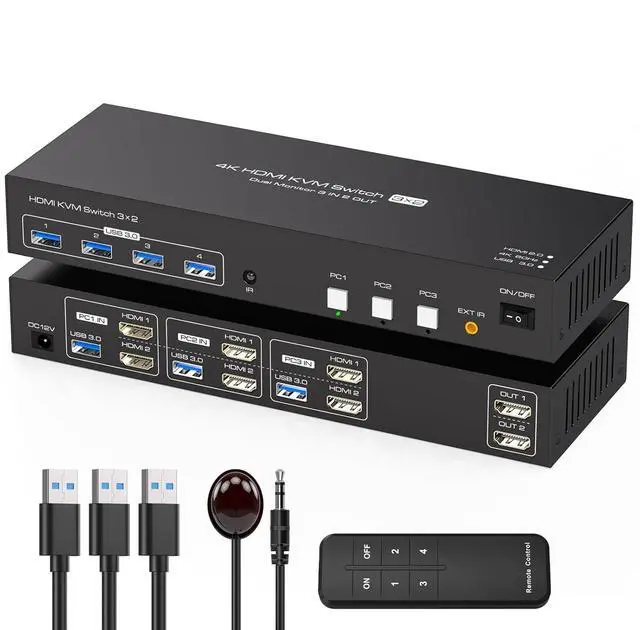 Main image of HDMI KVM Switch 2 Monitors 3 Computers 4K60Hz EDID Simulation USB3.0 KVM Switch for 3 Computers Share Dual Monitors and 4 USB Devices with USB Cable and Remote Control