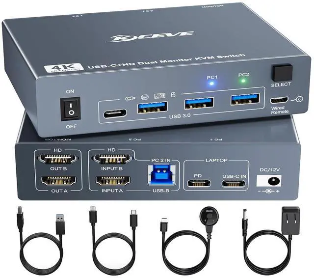 Main image of KVM Switch 2 Monitors for 1 Laptop and 1 Desktop 4K@60Hz, USB C HDMI Dual Monitor KVM Switch,Docking Station KVM Switches with 4 USB 3.0 Port, 80W PD Charging, Wired Remote and USB-C Cable Included
