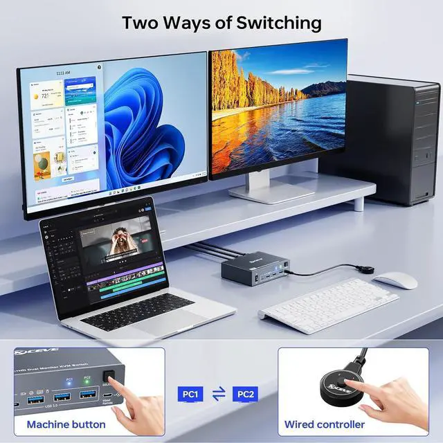 Alt view image 5 of 7 - KVM Switch 2 Monitors for 1 Laptop and 1 Desktop 4K@60Hz, USB C HDMI Dual Monitor KVM Switch,Docking Station KVM Switches with 4 USB 3.0 Port, 80W PD Charging, Wired Remote and USB-C Cable Included