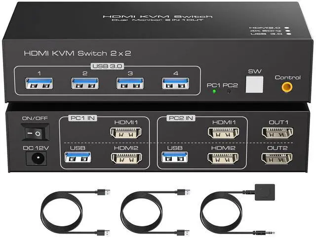 Main image of HDMI KVM Switch 2 Monitors 2 Computers 4K60Hz Dual Monitor KVM Switches for Dual PC or Laptops Share 1 Set of Keyboard Mouse Printer Wired Controller and 12V 1A DC Adapter Included