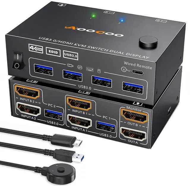 Main image of HDMI KVM Switch 2 Monitors 2 PC 4K@60Hz/2K@120Hz KVM Switches with EDID Simulator, USB 3.0 Port,Wired Remote and USB3.0 Cables Included