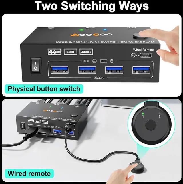 Alt view image 6 of 7 - HDMI KVM Switch 2 Monitors 2 PC 4K@60Hz/2K@120Hz KVM Switches with EDID Simulator, USB 3.0 Port,Wired Remote and USB3.0 Cables Included