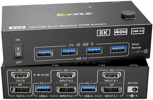 Main image of HDMI + Displayport KVM Switch 2 Monitors 2 Computers 8K@60Hz 4K@144Hz,  Dual Monitor KVM Switch with 4 USB 3.0 Port for Keyboard Mouse Printer,Wired Remote,Power Adapter and USB Cables Included