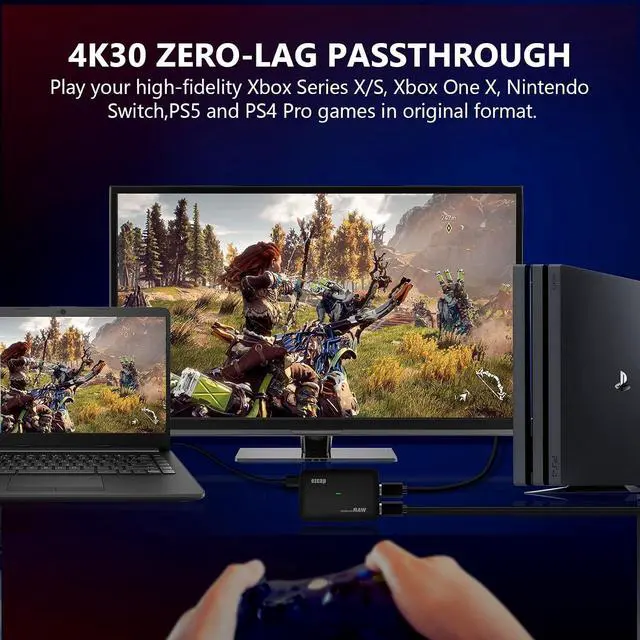 Alt view image 4 of 7 - 4K Game Capture Card Live Streaming and Record in 4K30P or 1080P 120HZ,HDMI Zero-Lag Pass-Through USB3.0 Video Ultra-Low Latency for PS3, PS4, Xbox Series X/S, Xbox One, Nintendo Switch