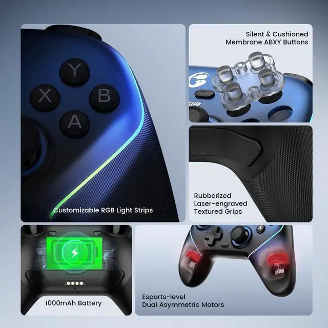 Alt view image 5 of 7 - Super Nova Wireless Gaming Controller for PC/Switch/Switch 2/iOS/Android, 1000Hz Polling Rate, Hall Effect Stick & Trigger, Rubberized Grips, RGB Lighting, 1000mAh - Blue
