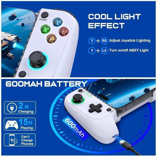 Alt view image 4 of 7 - for iPhone Game Controller Compatible with iPhone 16/15 & Android, Mobile Gaming Controller with Hall Joysticks,Phone Case Support,Wireless Phone Controller for Xbox Game Pass,Steam Link & More, White