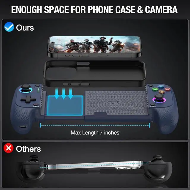 Alt view image 2 of 6 - Wireless Mobile Gaming Controller, Phone Controller for iPhone/Android with Big Grip,Led Light,Hall Effect Joysticks, Cell Phone Slide Controller for Handheld Gaming