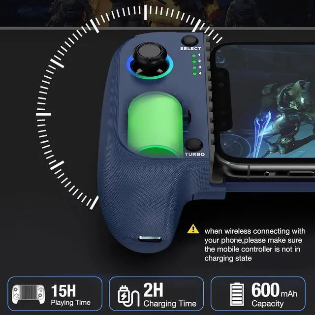 Alt view image 5 of 6 - Wireless Mobile Gaming Controller, Phone Controller for iPhone/Android with Big Grip,Led Light,Hall Effect Joysticks, Cell Phone Slide Controller for Handheld Gaming