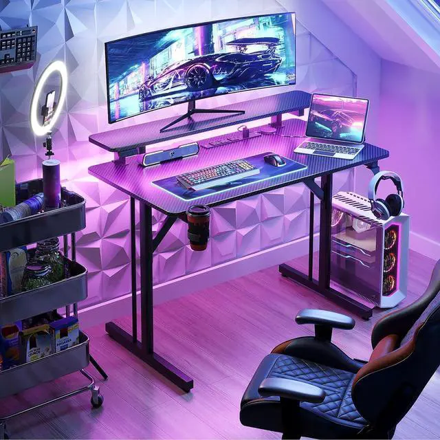 Alt view image 2 of 7 - 32 Inch Small Gaming Desk with LED Lights & Power Outlets, Computer Desk Gaming Table with Monitor Shelf, Gamer Desk with Carbon Fiber Texture, Kids Boys Desk Gift for Men