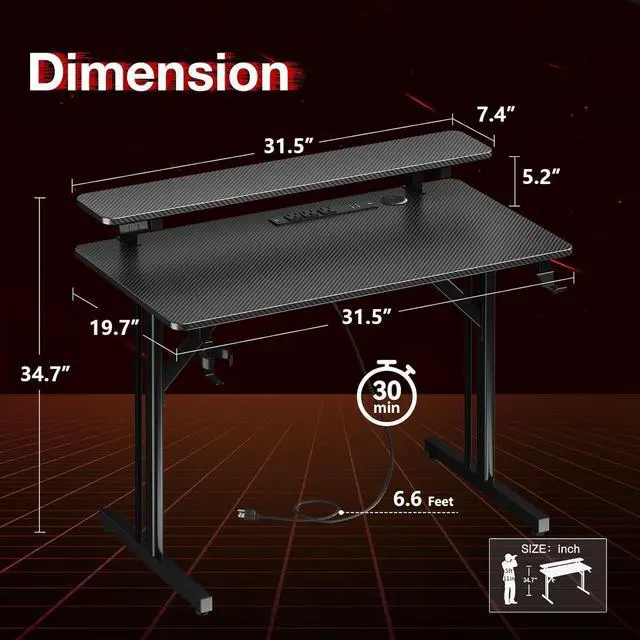 Alt view image 3 of 7 - 32 Inch Small Gaming Desk with LED Lights & Power Outlets, Computer Desk Gaming Table with Monitor Shelf, Gamer Desk with Carbon Fiber Texture, Kids Boys Desk Gift for Men