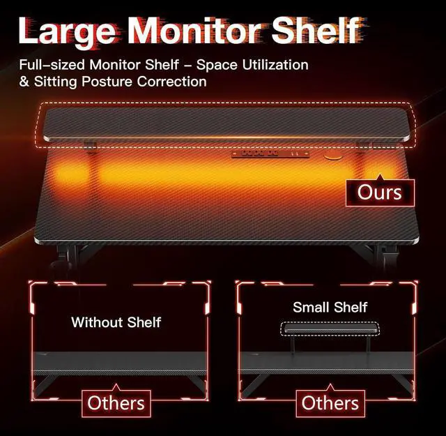 Alt view image 6 of 7 - 32 Inch Small Gaming Desk with LED Lights & Power Outlets, Computer Desk Gaming Table with Monitor Shelf, Gamer Desk with Carbon Fiber Texture, Kids Boys Desk Gift for Men