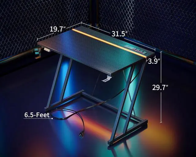 Alt view image 3 of 7 - 32 Inch Small Gaming Desk with LED Lights & Power Outlet, Computer Desk for Small Space, Gaming Table with Carbon Fiber Texture, Kids Desk Gift for Boys Men, Black