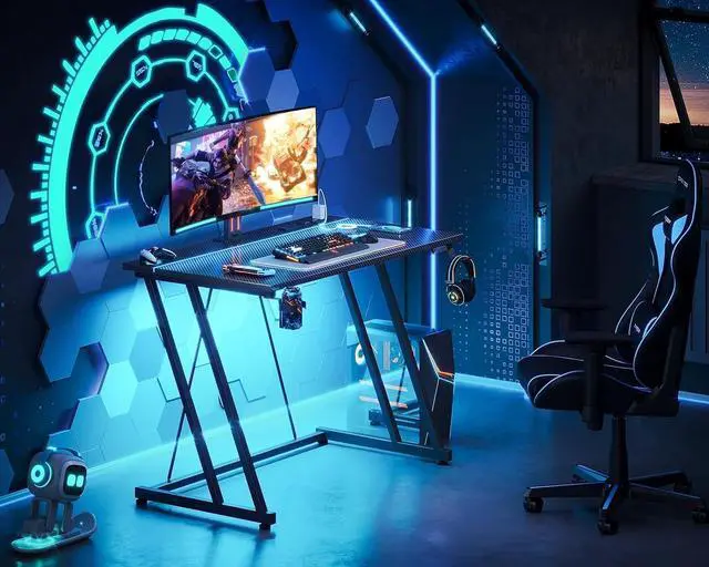 Alt view image 2 of 7 - 32 Inch Small Gaming Desk with LED Lights & Power Outlet, Computer Desk for Small Space, Gaming Table with Carbon Fiber Texture, Kids Desk Gift for Boys Men, Black