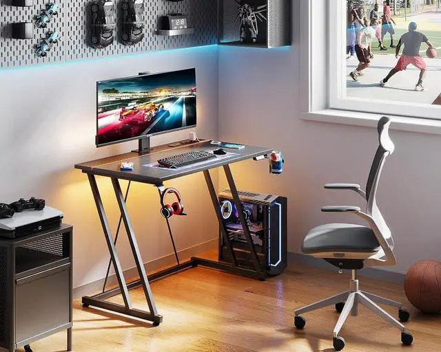 Alt view image 7 of 7 - 32 Inch Small Gaming Desk with LED Lights & Power Outlet, Computer Desk for Small Space, Gaming Table with Carbon Fiber Texture, Kids Desk Gift for Boys Men, Black