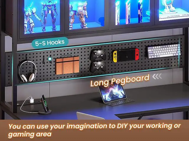 Alt view image 6 of 7 - SEDETA L Shaped Gaming Desk with Drawers, L Shaped Computer Desk with Hutch and Storage Shelves, Gaming Desk with Pegboard, Led Lights, and Power Outlet, Home Office Desk, Corner Desk, Black