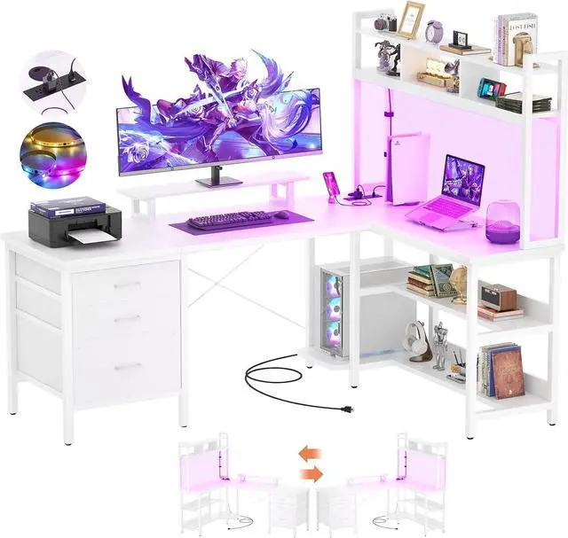 Alt view image 7 of 7 - L Shaped Gaming Desk with Hutch, Gaming Desk with Led Lights, Reversible Computer Desk with Power Outlet, Corner Desk with File Drawer & Monitor Stand, Storage Shelves for Home Office, White