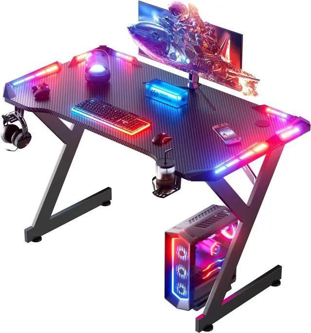 Main image of 40 INCH Gaming Desk with LED Lights, Home Office Gamer Desk, Ergonomic Computer Table with Large Carbon Fiber Desktop, Office Workstation, Cup Holder & Headphone Hook, Black